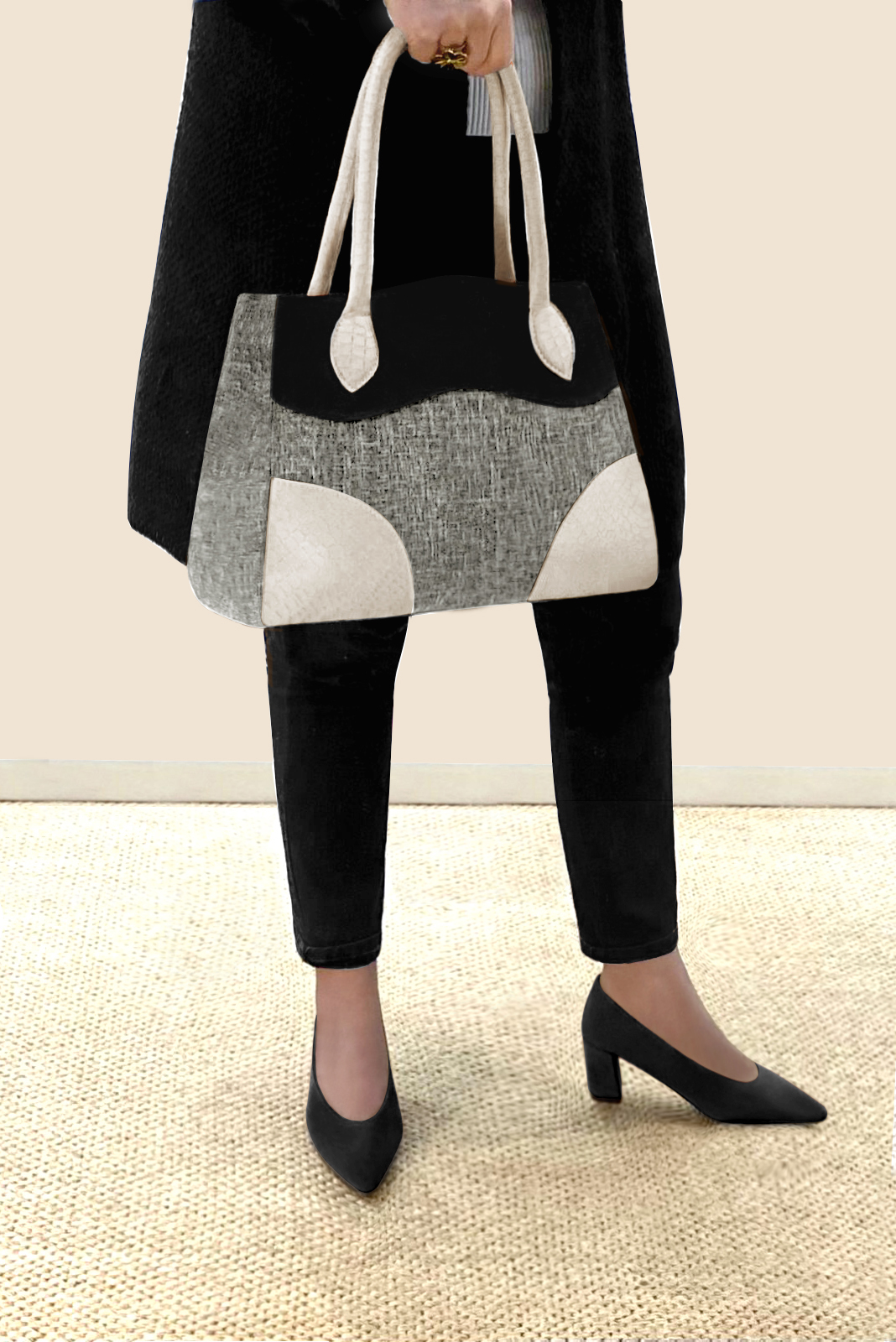 Ash grey, matt black and off white women's dress handbag, matching pumps and belts. Worn view - Florence KOOIJMAN